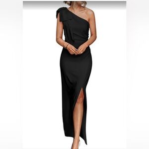 NWT PrettyGarden One Shoulder Bow Maxi Dress Black Formal Slit Gown - Small